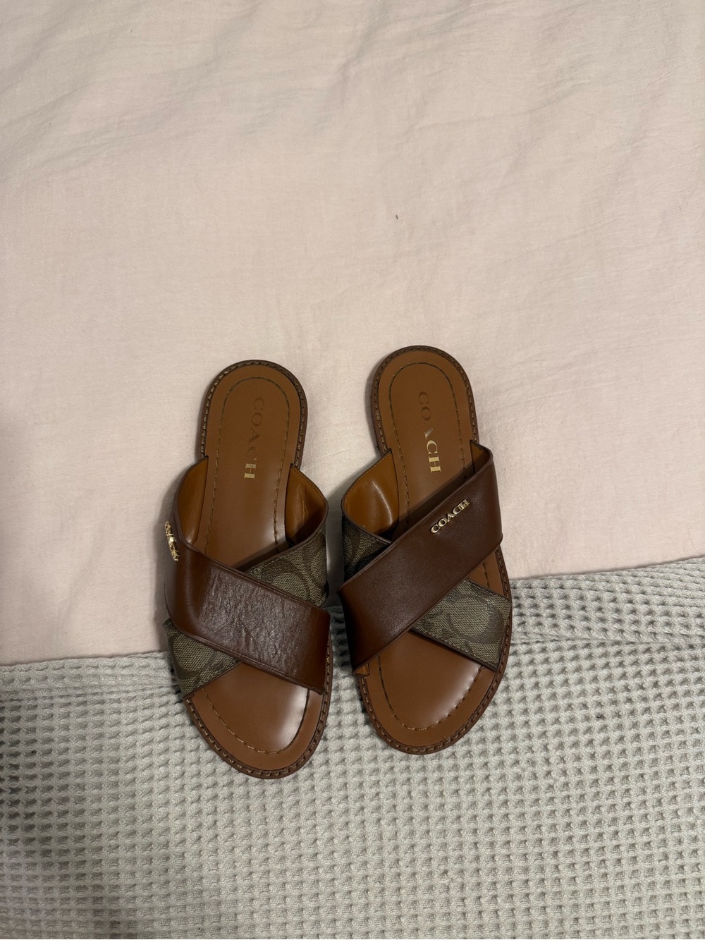 COACH Brown Leather & Logo Canvas Crossband Slide Sandals